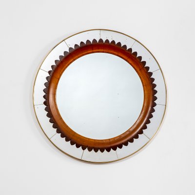 Circular Frame in Brass and Wood Wall Mirror for Marelli, 1950s-FWM-1394031