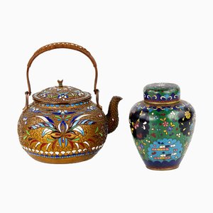 Cloisonne Enamel teapot with Wicker Handle and Cloisonné Caddy for Tea Ceremony, Set of 2-WMV-1225949