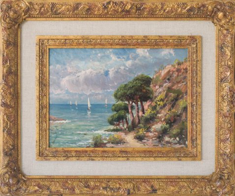 Coastal Landscape with Sailing Boats, Early 20th Century, Oil on Board, Framed-AOI-1106738