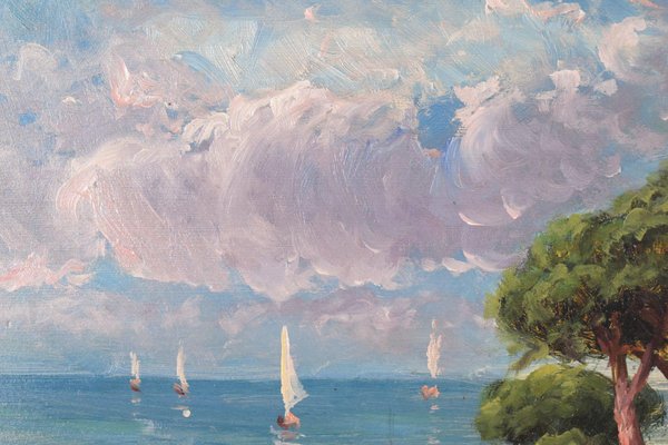 Coastal Landscape with Sailing Boats, Early 20th Century, Oil on Board, Framed-AOI-1106738