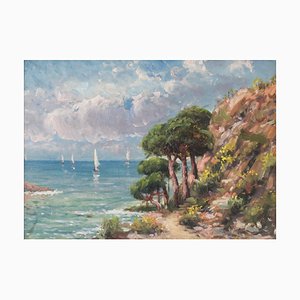 Coastal Landscape with Sailing Boats, Early 20th Century, Oil on Board, Framed-AOI-1106738