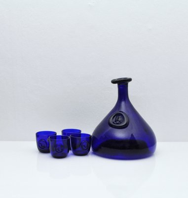 Cobalt Blue Viking Decanters and Cups by Ole Winther for Holmegaard Glasswork, 1962, Set of 5-HPQ-1181210