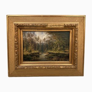 Cölestin Brügner, Miniature Park Bridge over Woodland Stream, 19th Century, Oil Painting, Framed-CZ-1773439