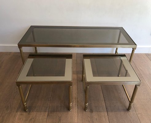 Coffee and Nesting Tables in Brass and Smoked Glass, Set of 3-BA-1346258