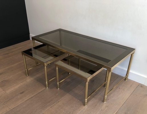 Coffee and Nesting Tables in Brass and Smoked Glass, Set of 3-BA-1346258