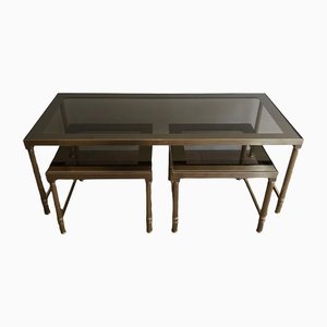 Coffee and Nesting Tables in Brass and Smoked Glass, Set of 3-BA-1346258