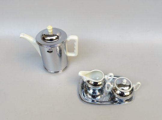 Coffee Making Set in Chrome-Plated Metal & Porcelain, 1950s, Set of 4-EY-1259343