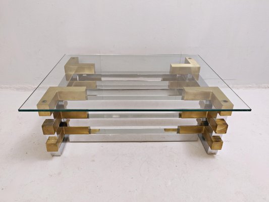 Coffee Table in Brass, Chrome and Glass-FGA-923808