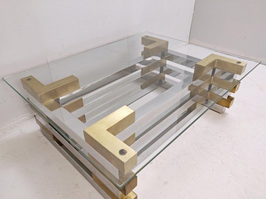 Coffee Table in Brass, Chrome and Glass-FGA-923808