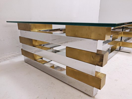 Coffee Table in Brass, Chrome and Glass-FGA-923808