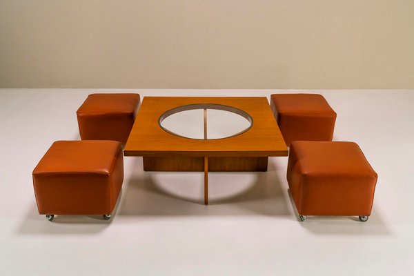 Coffee Table in Cherry Wood with Four Faux Mobile Poufs, Italy, 1970s, Set of 5-UQV-1702687