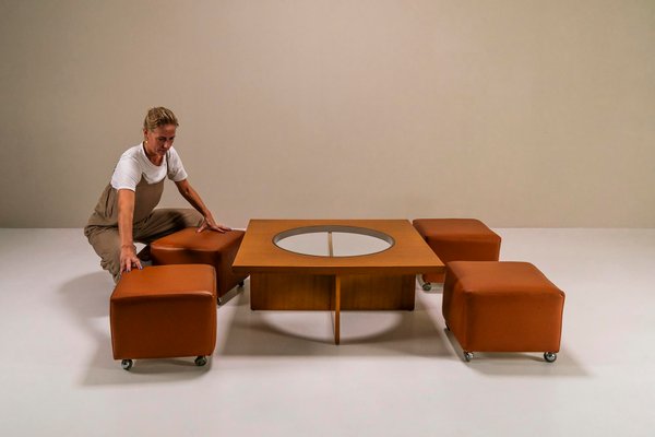 Coffee Table in Cherry Wood with Four Faux Mobile Poufs, Italy, 1970s, Set of 5-UQV-1702687