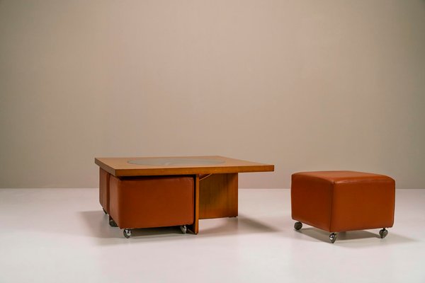 Coffee Table in Cherry Wood with Four Faux Mobile Poufs, Italy, 1970s, Set of 5-UQV-1702687