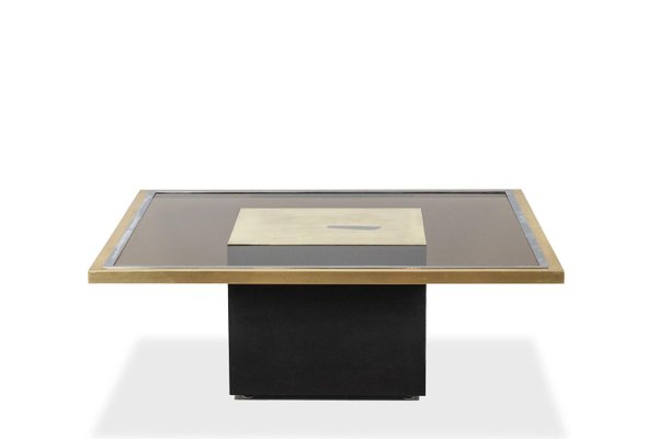 Coffee Table in Gilded Brass and Smoked Glass, 1970s-CEJ-1790114