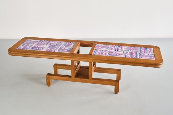 Coffee Table in Oak and Ceramic by Guillerme Et Chambron for Votre Maison, France, 1960s-FMT-1772355