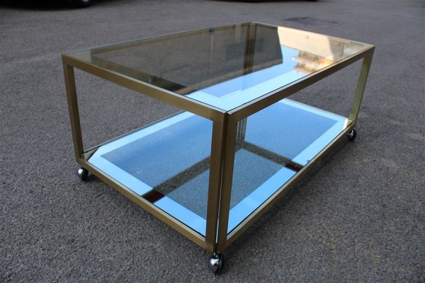 Coffee Table in Satin Brass and Mirrored Glass, 1970s-EH-925829