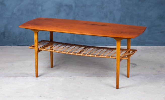 Coffee Table in Teak and Oak with Wicker Shelf, Denmark, 1960s-ZGQ-994937