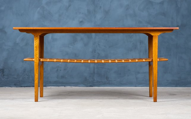 Coffee Table in Teak and Oak with Wicker Shelf, Denmark, 1960s-ZGQ-994937