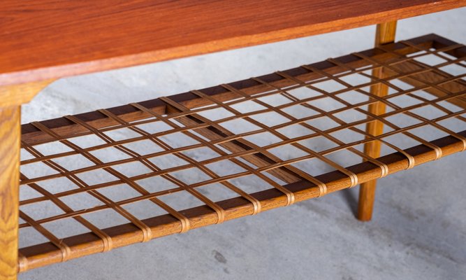 Coffee Table in Teak and Oak with Wicker Shelf, Denmark, 1960s-ZGQ-994937