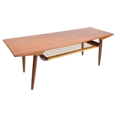 Coffee Table in Teak with Paper Cord Shelf, Denmark, 1960s-UY-1454034