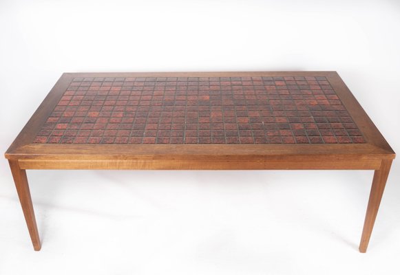 Coffee Table in Teak with Red Tiles of Danish Design, 1960s-UY-1005718