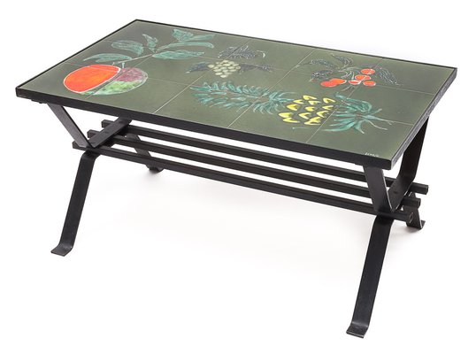 Coffee Table in Wrought Iron and Ceramic, 1960s-JCN-1703637