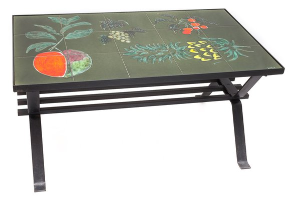 Coffee Table in Wrought Iron and Ceramic, 1960s-JCN-1703637