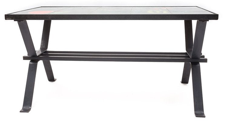 Coffee Table in Wrought Iron and Ceramic, 1960s-JCN-1703637