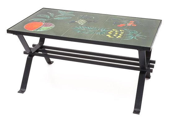 Coffee Table in Wrought Iron and Ceramic, 1960s-JCN-1703637