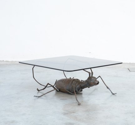 Coffee Table with a Handcrafted Metal Cricket Sculpture Base, 1970s-VT-639935