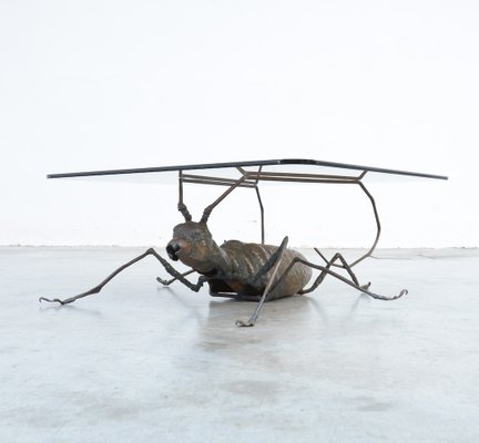 Coffee Table with a Handcrafted Metal Cricket Sculpture Base, 1970s-VT-639935