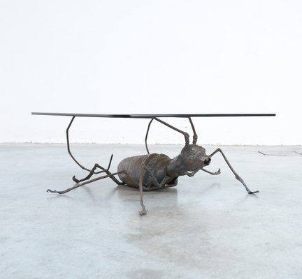 Coffee Table with a Handcrafted Metal Cricket Sculpture Base, 1970s-VT-639935