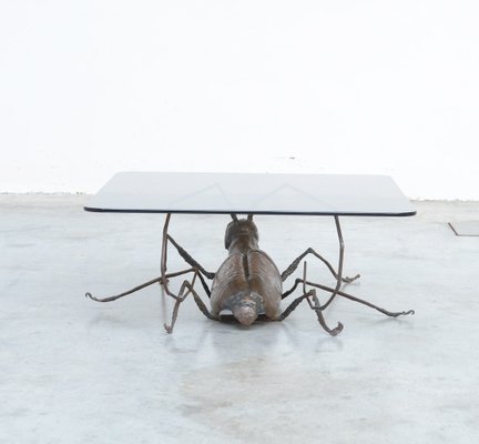 Coffee Table with a Handcrafted Metal Cricket Sculpture Base, 1970s-VT-639935