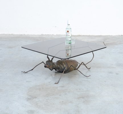 Coffee Table with a Handcrafted Metal Cricket Sculpture Base, 1970s-VT-639935