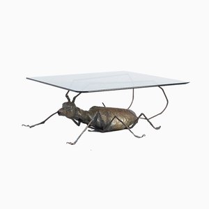 Coffee Table with a Handcrafted Metal Cricket Sculpture Base, 1970s-VT-639935