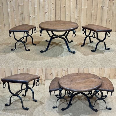 Coffee Table with Nesting Tables in Mahogany and Wrought Iron, 1950s, Set of 3-QYF-2034874