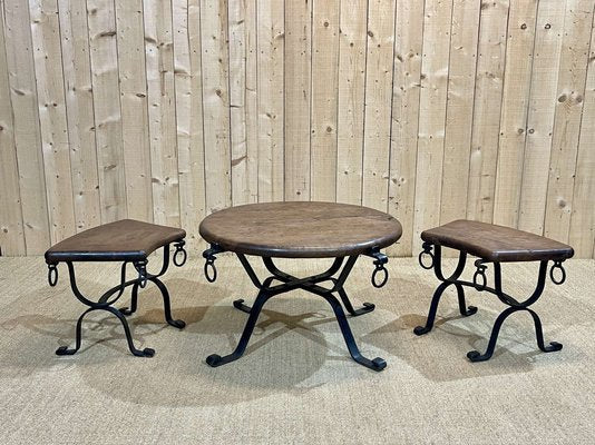 Coffee Table with Nesting Tables in Mahogany and Wrought Iron, 1950s, Set of 3-QYF-2034874