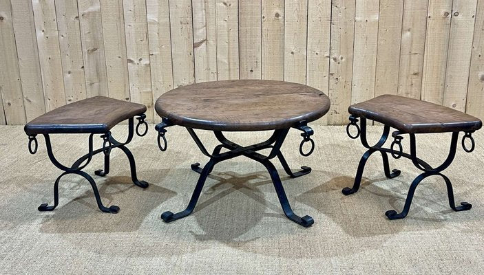 Coffee Table with Nesting Tables in Mahogany and Wrought Iron, 1950s, Set of 3-QYF-2034874