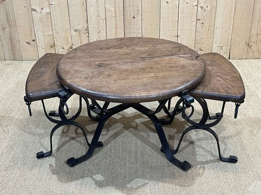 Coffee Table with Nesting Tables in Mahogany and Wrought Iron, 1950s, Set of 3-QYF-2034874