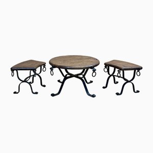 Coffee Table with Nesting Tables in Mahogany and Wrought Iron, 1950s, Set of 3-QYF-2034874