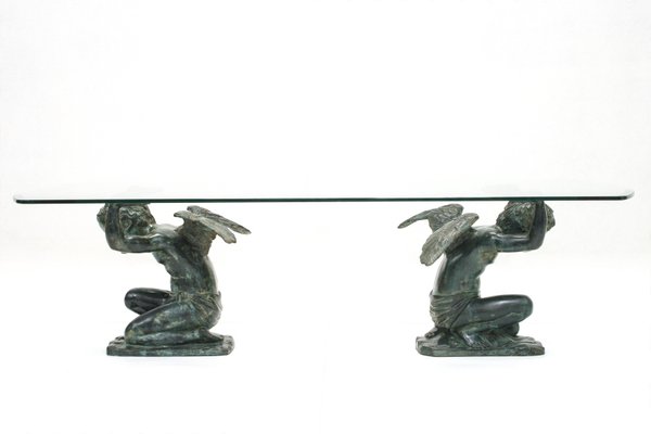 Coffee Table with Patinated Brass Angel Statues from Kom Art, 1970s-SES-950950