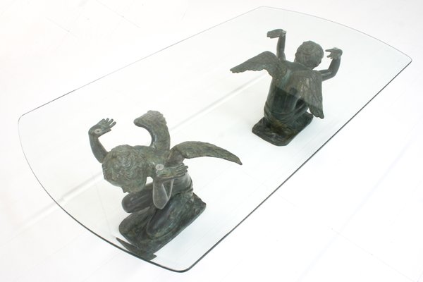 Coffee Table with Patinated Brass Angel Statues from Kom Art, 1970s-SES-950950