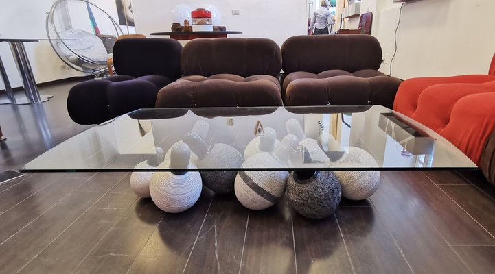 Coffee Table with Shaped Glass and Base Composed of Spheres in White Marble, by Giulio Lazzotti, 1990-KY-1095967