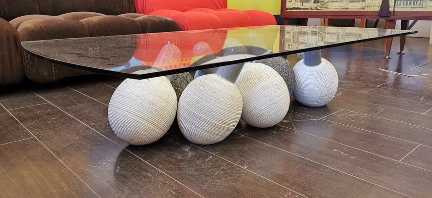 Coffee Table with Shaped Glass and Base Composed of Spheres in White Marble, by Giulio Lazzotti, 1990-KY-1095967