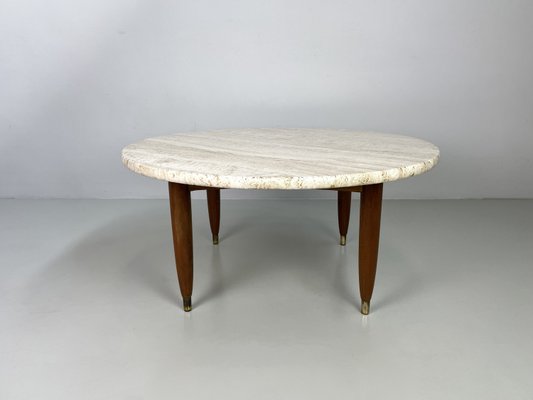 Coffee Table with Travertine Natural Stone Top and Teak Base, 1960s-MKL-2035352