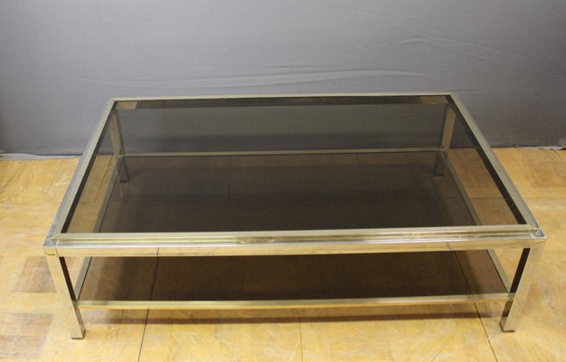 Coffee Table with Two Trays in Gold Chrome, 1970s-BCR-1408587