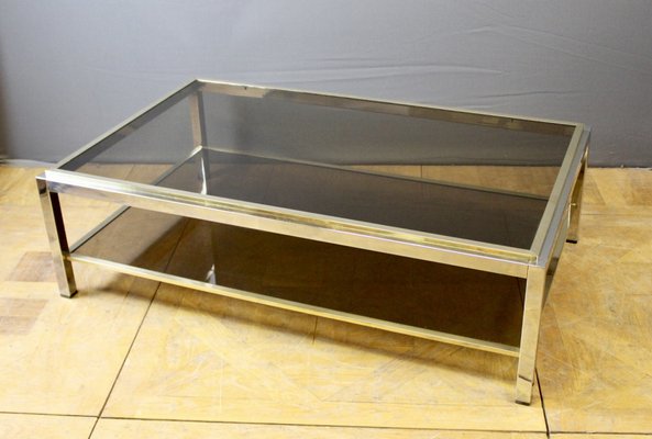 Coffee Table with Two Trays in Gold Chrome, 1970s-BCR-1408587