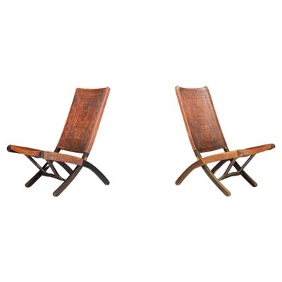 Cognac-Colored Saddle Leather Folding Chairs Ecuador from Angel I. Pazmino, 1970s, Set of 2-TRW-1797135