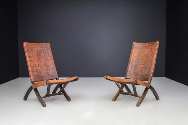 Cognac-Colored Saddle Leather Folding Chairs Ecuador from Angel I. Pazmino, 1970s, Set of 2-TRW-1797135