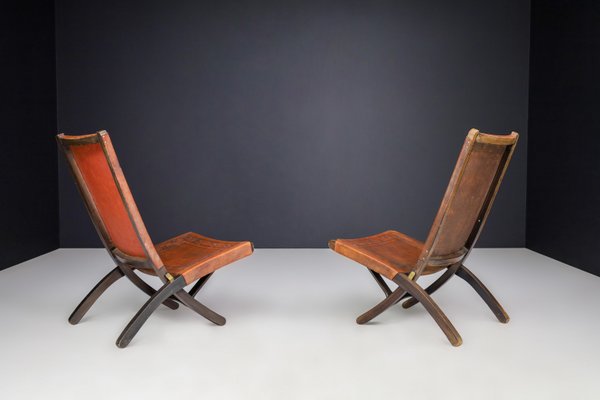 Cognac-Colored Saddle Leather Folding Chairs Ecuador from Angel I. Pazmino, 1970s, Set of 2-TRW-1797135